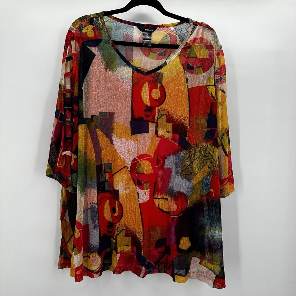 Ali Miles Shirt Top Womens 2X Multicolor‎ Mesh Abstract Art Lined Semi Sheer NWT